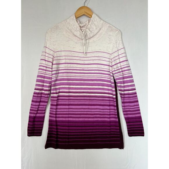 T By Talbots Cowl Neck Sweater Womens Size Small Drawstring Ombre Stripe Purple - Picture 2 of 13
